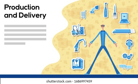 Business manager working for production and delivery with icons. All the objects, shadows and background are in different layers and the text types do not need any font. 