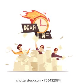 Business managers extreme workload stress burnout and deadline pressure symbolic cartoon poster with burning clock vector illustration 