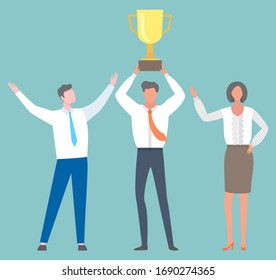 Business managers got award for best results in sales and buys, golden trophy cup and people. Vector analytics and banking workers, brokers collaboration