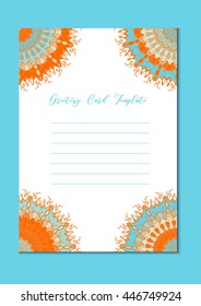 Business mandala card template. Oriental ethnic pattern. Mehndi ornament page for brochure, flyer, greeting, invitation cover. Design layout in boho and islam, arabic and east, indian style. Vector