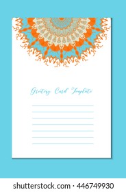 Business mandala card template. Oriental ethnic pattern. Mehndi ornament page for brochure, flyer, greeting, invitation cover. Design layout in boho and islam, arabic and east, indian style. Vector