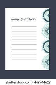 Business mandala card template. Oriental ethnic pattern. Mehndi ornament page for brochure, flyer, greeting, invitation cover. Design layout in boho and islam, arabic and east, indian style. Vector