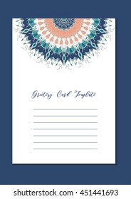 Business mandala card template. Oriental ethnic pattern. Mehndi ornament page for brochure, flyer, greeting, invitation cover. Design layout in boho and islam, arabic and east, indian style. Vector