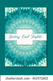 Business mandala card template. Oriental ethnic pattern. Mehndi ornament page for brochure, flyer, greeting, invitation cover. Design layout in boho and islam, arabic and east, indian style. Vector