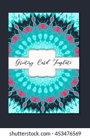 Business mandala card template. Oriental ethnic pattern. Mehndi ornament page for brochure, flyer, greeting, invitation cover. Design layout in boho and islam, arabic and east, indian style. Vector