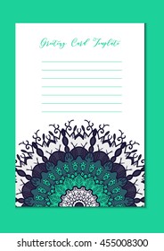 Business mandala card template. Oriental ethnic pattern. Mehndi ornament page for brochure, flyer, greeting, invitation cover. Design layout in boho and islam, arabic and east, indian style. Vector