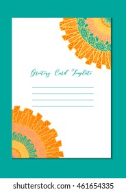 Business mandala card template. Oriental ethnic pattern. Mehndi ornament page for brochure, flyer, greeting, invitation cover. Design layout in boho and islam, arabic and east, indian style. Vector