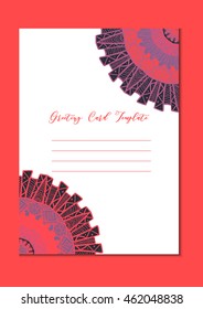 Business mandala card template. Oriental ethnic pattern. Mehndi ornament page for brochure, flyer, greeting, invitation cover. Design layout in boho and islam, arabic and east, indian style. Vector