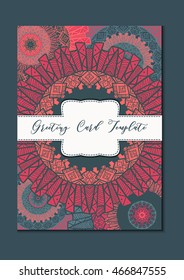 Business mandala card template. Oriental ethnic pattern. Mehndi ornament page for brochure, flyer, greeting, invitation cover. Design layout in boho and islam, arabic and east, indian style. Vector