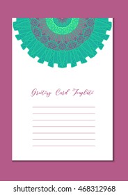 Business mandala card template. Oriental ethnic pattern. Mehndi ornament page for brochure, flyer, greeting, invitation cover. Design layout in boho and islam, arabic and east, indian style. Vector