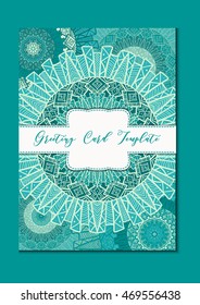 Business mandala card template. Oriental ethnic pattern. Mehndi ornament page for brochure, flyer, greeting, invitation cover. Design layout in boho and islam, arabic and east, indian style. Vector
