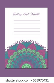 Business mandala card template. Oriental ethnic pattern. Mehndi ornament page for brochure, flyer, greeting, invitation cover. Design layout in boho and islam, arabic and east, indian style. Vector