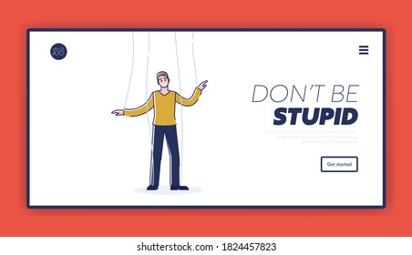 Business manipulation landing page with man puppet on ropes manipulated and controlled. Employee or worker control concept. Template linear vector illustration