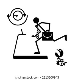 Business Man's Daily Schedule. Combining Work, Family And Hobbies. Crying Baby On The Floor. A Running Man With A Briefcase In A Tie. Clock With Arrows. Treadmill With Runner. Outline Illustration.