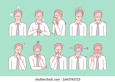 Business mans emotions and facial expressions set concept. Illustration or collection showing different emotions of man. Businessman demonstrates of positive and negative facial expressions.