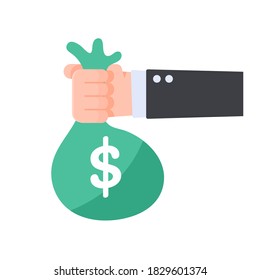 The business man's hand held the green money bag forward. Money spending ideas bribery