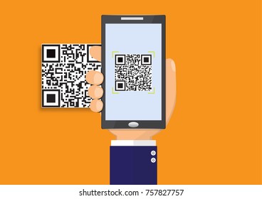 Business man's hand holding smartphone scanning QR code on orange background,business technology concept vector illustration
