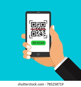 Business man's hand holding and using smartphone to scanning QR code with button on blue background. Business cashless technology concept for online shopping, money transfer, vector illustration.