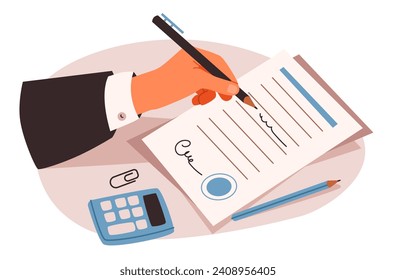 A business man's hand signs a document. Business concept. Flat vector illustration 