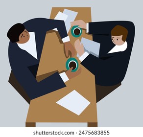 Business mans sitting at a table and drink coffee. Vector illustration in flat style