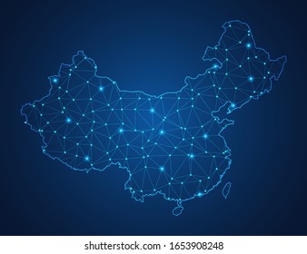 Mapa de negocios de diseño moderno de China con formas poligonales sobre fondo azul oscuro, simple ilustración vectorial para el diseño de sitios web, concepto de tecnología digital.