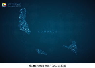 Mapa de negocios de diseño moderno de Comoras con tecnología digital abstracta malla formas poligonales sobre fondo azul oscuro. EPS10 de ilustración vectorial.