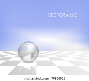 Business map concept - silver 3d globe on white grey checkerboard background with blue sky - vector