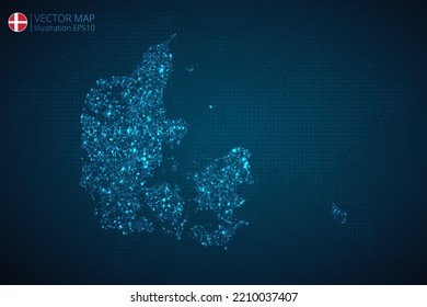 Mapa de negocios de Dinamarca diseño moderno con tecnología digital abstracta malla formas poligonales sobre fondo azul oscuro. EPS10 de ilustración vectorial.