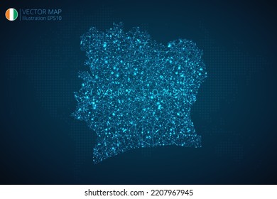 Mapa de negocios de diseño moderno de Costa de Marfil con tecnología digital abstracta malla formas poligonales sobre fondo azul oscuro. EPS10 de ilustración vectorial.