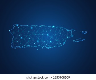 Business map of Puerto rico modern design with polygonal shapes on dark blue background, simple vector illustration for web sitedesign, digital technology concept.