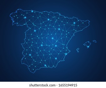 Mapa de negocios de España moderno diseño con formas polígonales sobre fondo azul oscuro, simple ilustración vectorial para el diseño web, concepto de tecnología digital.