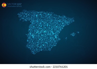Mapa de negocios de España diseño moderno con tecnología digital abstracta malla formas poligonales sobre fondo azul oscuro. EPS10 de ilustración vectorial.