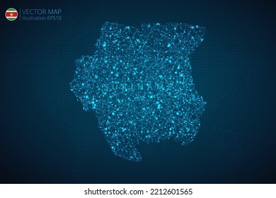 Business map of Suriname modern design with abstract digital technology mesh polygonal shapes on dark blue background. Vector Illustration EPS10.