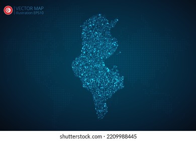 Business map of Tunisia modern design with abstract digital technology mesh polygonal shapes on dark blue background. Vector Illustration EPS10.