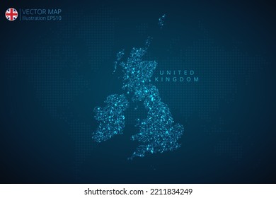 Mapa de negocios de diseño moderno del Reino Unido con tecnología digital abstracta malla formas poligonales sobre fondo azul oscuro. EPS10 de ilustración vectorial.