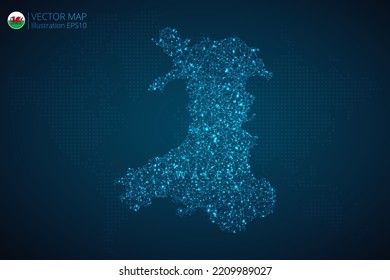 Business map of Wales modern design with abstract digital technology mesh polygonal shapes on dark blue background. Vector Illustration EPS10.