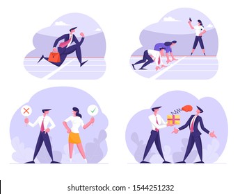 Business Marathon Competition, Politics Voting and Unfair Fighting Set. Businesspeople Running and Competing on Stadium Track, Holding Yes No Signs, Boxing Punching. Cartoon Flat Vector Illustration