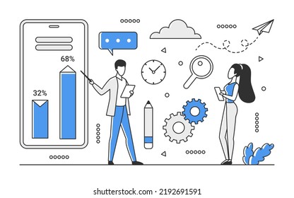 Business market analysis trends. Statistics evolution and monitoring data vector monocolor illustration