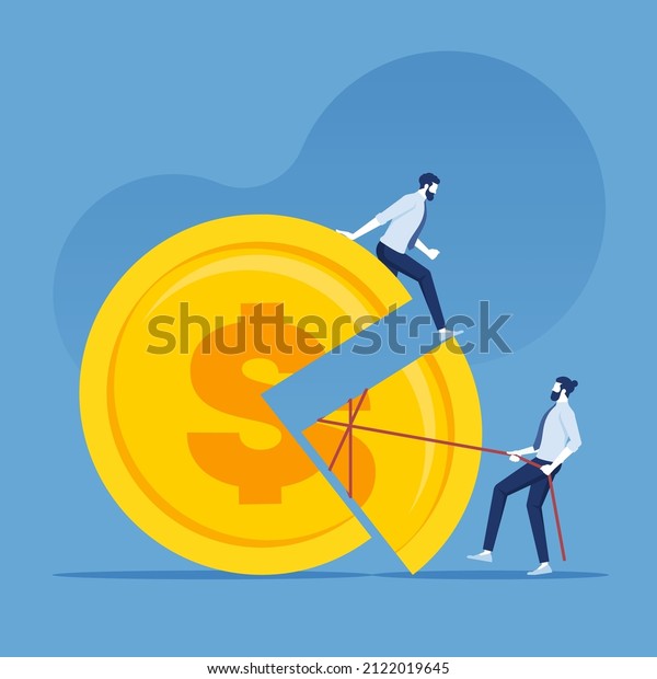 Business market share competition concept, Two\
business persons dividing the\
coin