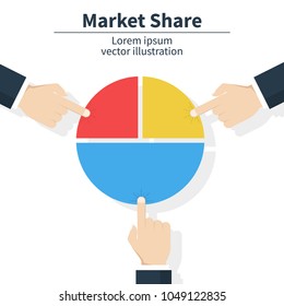 Business market share concept. Businessman holding in hand pie chart. Financial, share profit. Vector illustration flat design