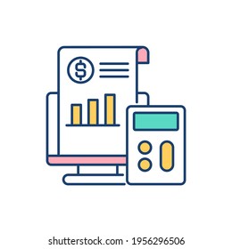 Business market value determination RGB color icon. Company analysis. Calculated valuation. Measuring total profits. Earning value. Business income. Property evaluation. Isolated vector illustration