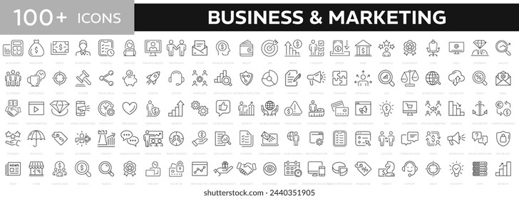 Business and marketing 100+ thin line icons set. Digital marketing and Content, search, marketing, e-commerce, SEO, electronic devices, social, and social media icons. Vector illustration