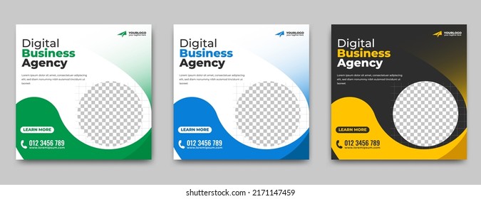 Business marketing agency promotion social media post template. Editable square banner design with place for the photo.