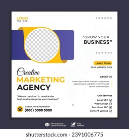 Business marketing agency promotion social media post template. Editable square banner design with place for the photo.
