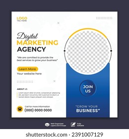 Business marketing agency promotion social media post template. Editable square banner design with place for the photo.
