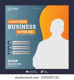 Business marketing agency promotion social media post template. Editable square banner design with place for the photo.