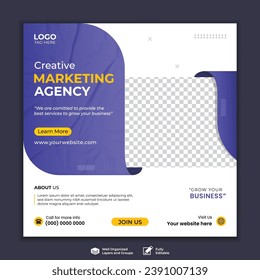 Business marketing agency promotion social media post template. Editable square banner design with place for the photo.