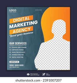 Business marketing agency promotion social media post template. Editable square banner design with place for the photo.