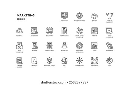 business marketing analysis logistic distribution consumer supply chain detailed outline line icon set