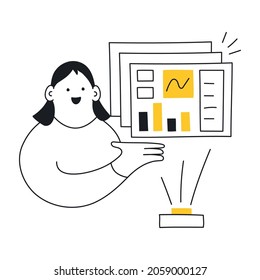 Business or marketing analytics, data analysis, building a dashboard. A cute outline cartoon woman holds a projection of interfaces with data in her hands. Thin linear vector illustration on white